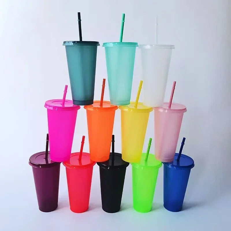 5pcs 710ml Assorted Solid Color Reusable 24oz Plastic Cold Cup Coloured Cup Colored Straw Cup Glasses with Straw and Lid liyi Zpaxo