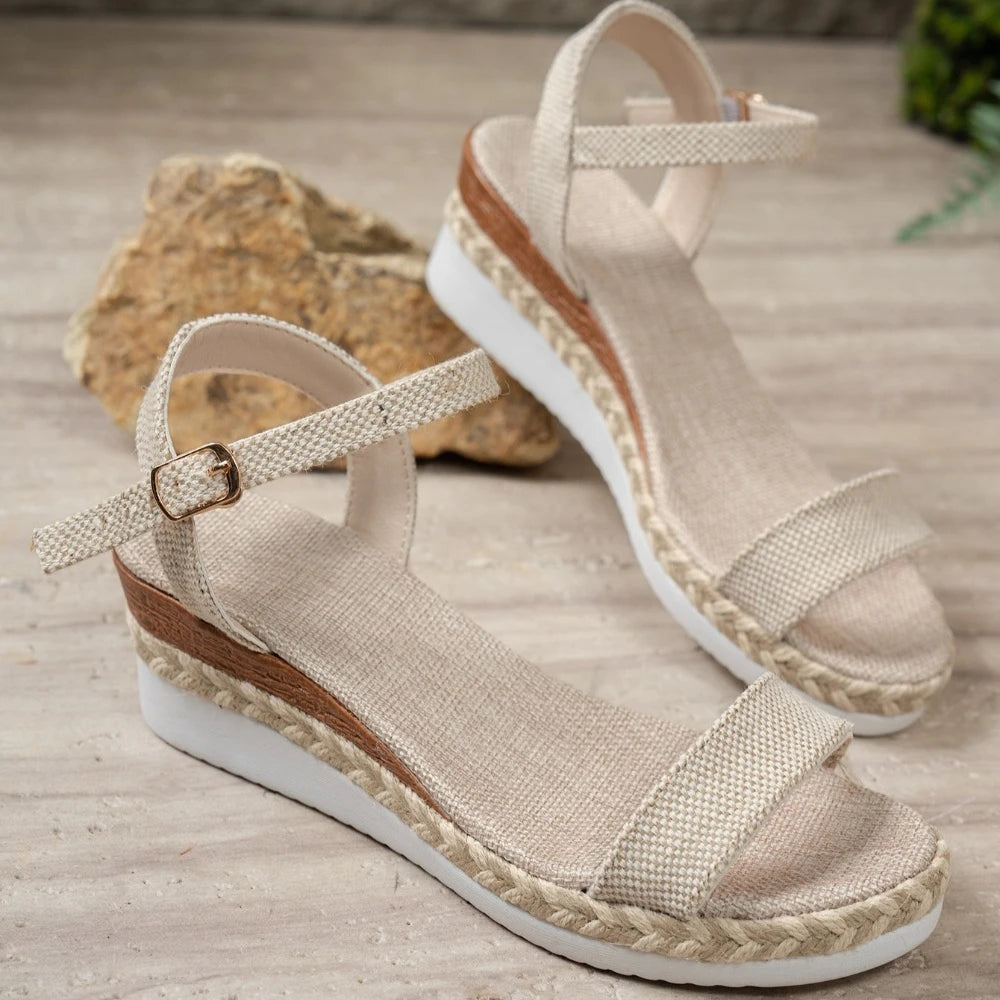 Women's Sandals Peep Toe Wedges Heels 2026 Summer Beige Ankle Buckle