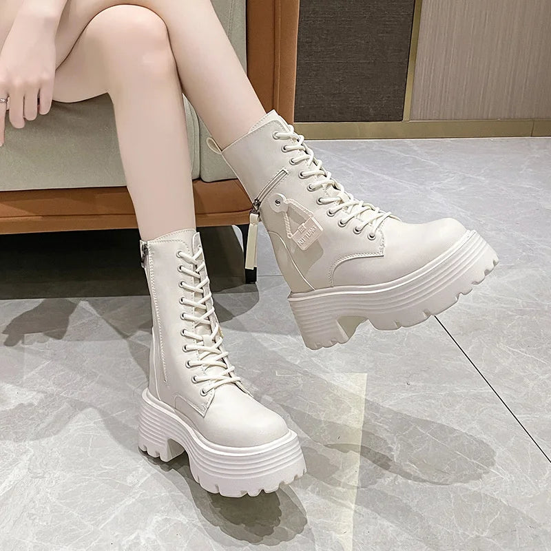 2023 Autumn Platform Mid-calf Boots Women Thick Sole Winter Leather Zpaxo