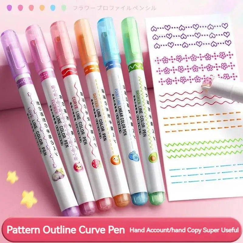 6Pcs/Set Flower Shape Outline Pens Highlighter Marker Curve Roller Tip Pencil Cute Stationery Kawaii Graffiti School Acsesories Zpaxo