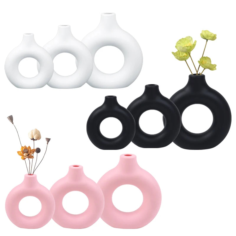 Donut Plastic Vase White Black Pink Cute Round Vase Flowerpot Ornaments for Living Room Dining Table Office Home Decor Zpaxo