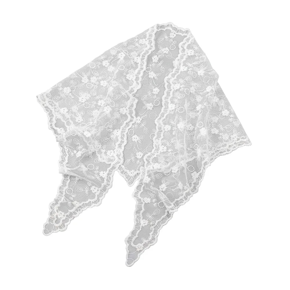 Casual Lace Flower Hair Scarf Headband Vintage Thin Bandanas for Women Chic Style Cute Triangle Head Scarf Pastoral Zpaxo White