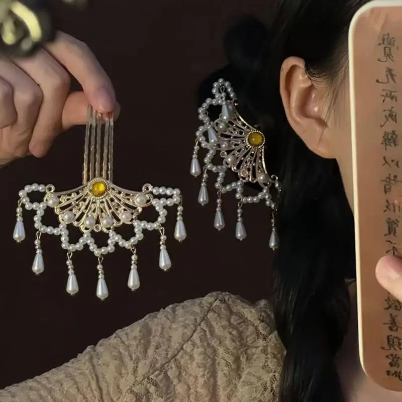 Pearl Hair Comb Women Hanfu Cheongsam Side Hairpin Ancient Tasseled Zpaxo