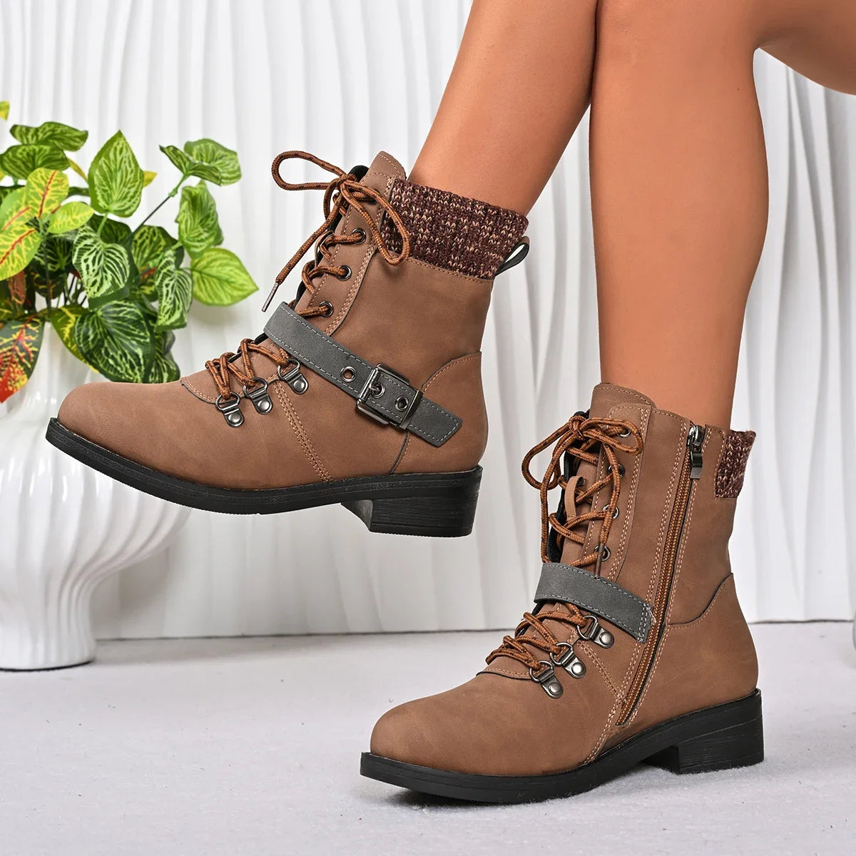Large Size Women Ankle Boots Round Toe Fashion Shoes Women Low Heel Square Heel Mid-Calf Boots Comfortable Korean Style Shoes Zpaxo Brown 36