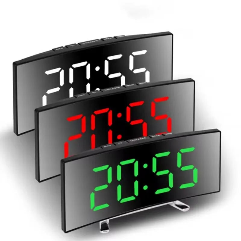 Creative Curved Electronic Clock LED Large Mirror Alarm Silent Smart