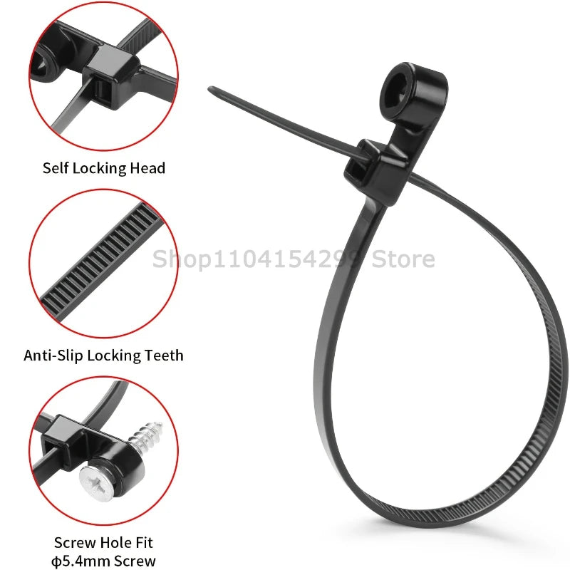 500-100PCS Screw Hole Cable Ties Reusable Fixed Nylon Cable Ties Self-locking Cord Ties Straps Fastening Loop Office Organizer Zpaxo