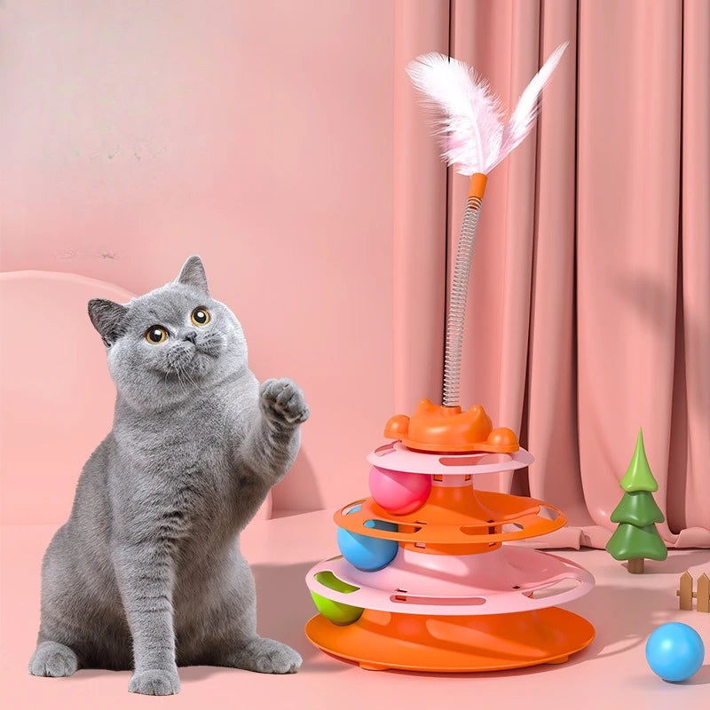 1pcs 4-Layer Cat Turntable With Fun Toy Ball And Playing Stick - Interactive Toy For Cats Zpaxo Orange