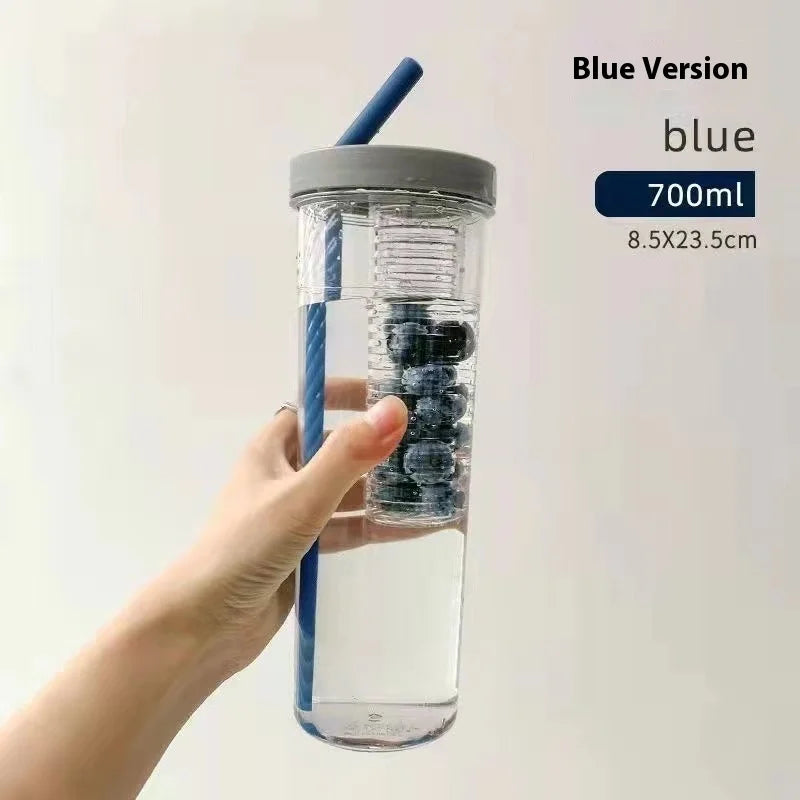 Hot Plastic Water Bottle with Straw Fruit Infuser Tea Juice Cup Fitness Outdoor Travel Bottles Kettle Transparent Straw Cup yuzi Zpaxo 700ml Blue