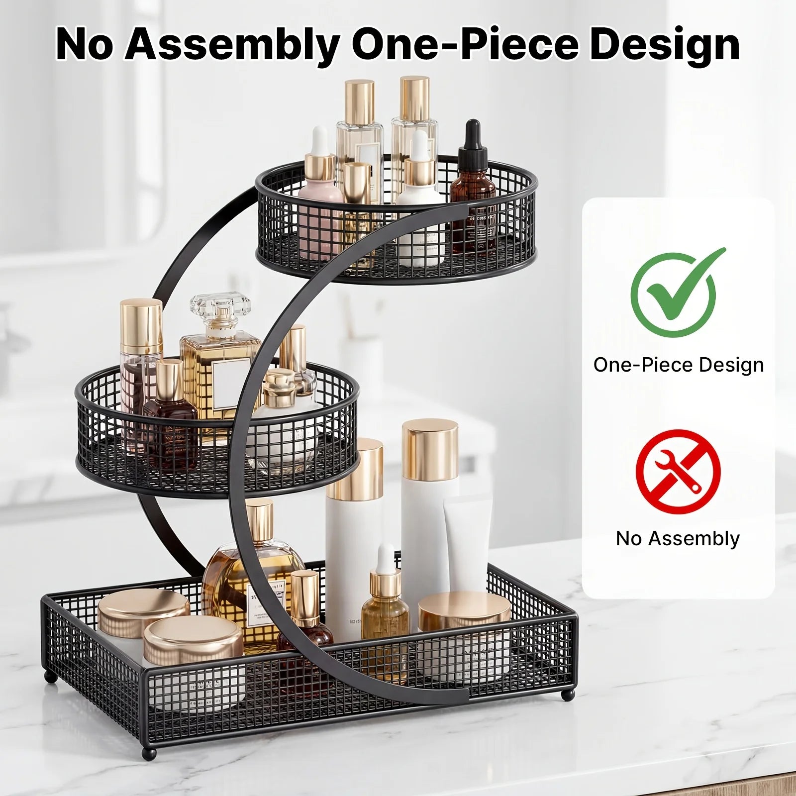 3-Tier Rotating Makeup Shelf - Portable No-Assembly Dressing Table & Bathroom Countertop Storage Rack with Rotating Shelves Zpaxo