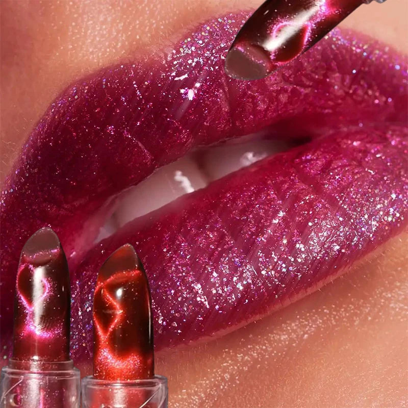 2pcs Moisturizing Cat Eye Lipstick Mirror Glitter Metallic Lipstick Diamond Pink Pearl Sparkling Lip Gloss Color Changing Lips Zpaxo