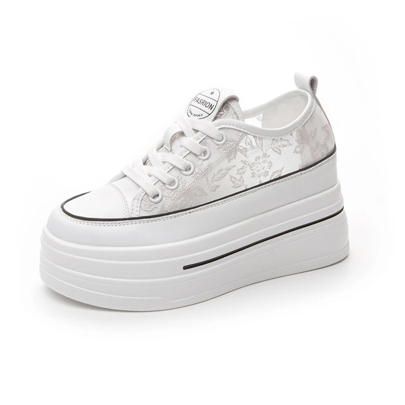 Womens Black Mesh Surface Floral Embroidery Platform Sneakers Hidden Zpaxo