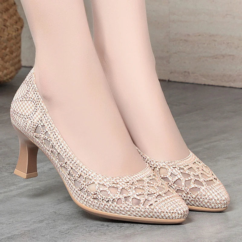 Summer Single Shoes Mesh Breathable Versatile Heels Women's Zpaxo YZL1379 Apricot 38 China Mainland