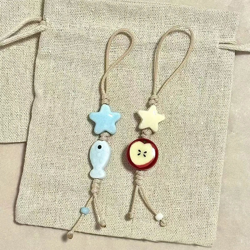 Cute Star Flower Phone Charm Strap Kawaii Ceramic Beaded Lanyard