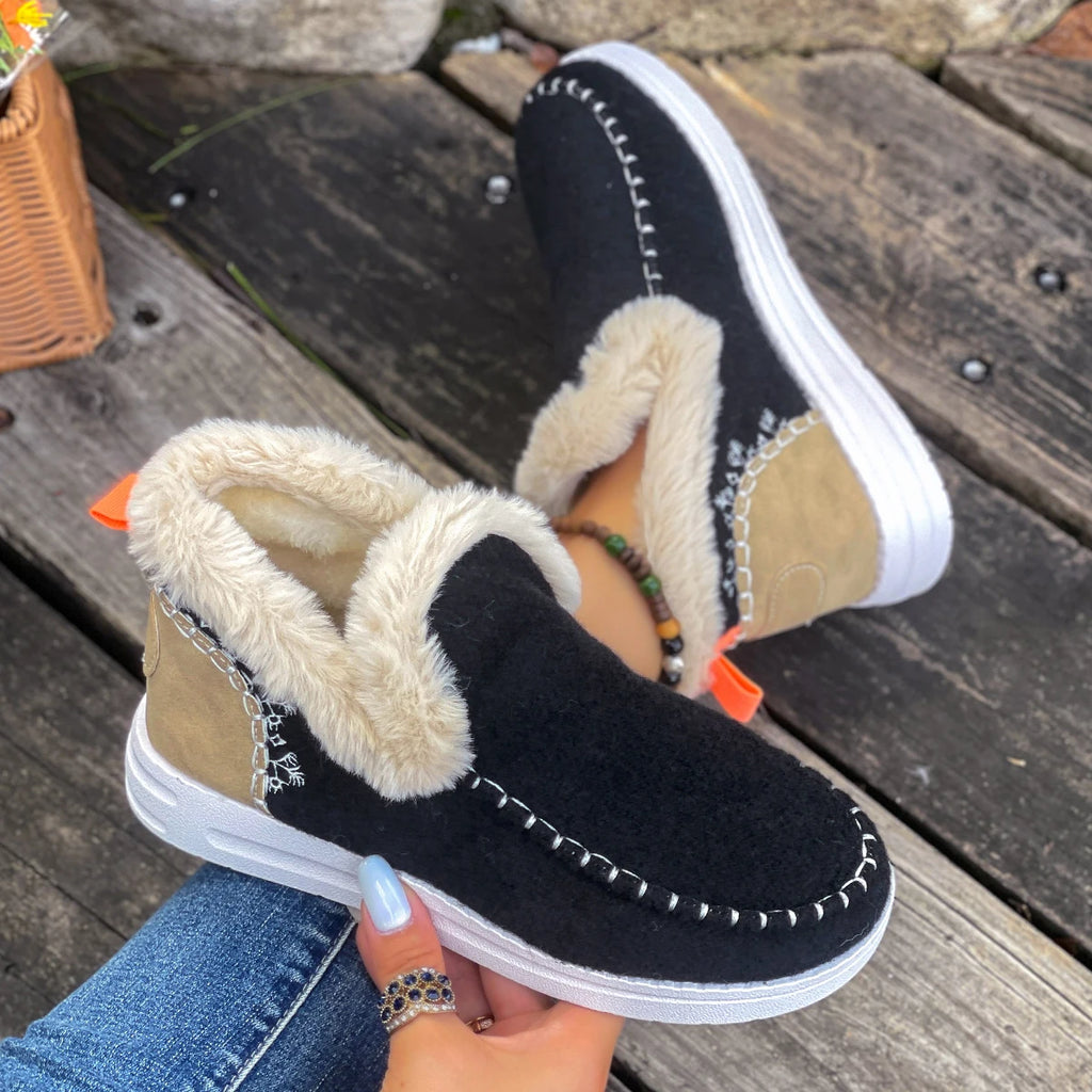 Women Cotton Shoes New 2025 Slip-On Winter Boots Thickened Fluff Lined Flat Bottom Snow Boots Warm Round Toe Leisure Shoes Zpaxo black 36
