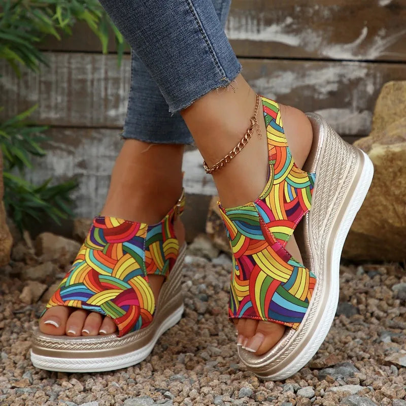 Women's Fish Mouth Open Toe Vintage Ankle Buckle Strap Wedge Heel Zpaxo