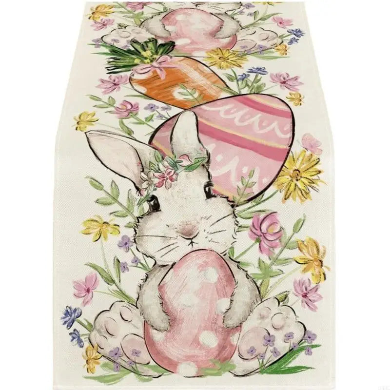 Linen Table Cover Colorful Bunnies Eggs Print Easter Spring Washable
