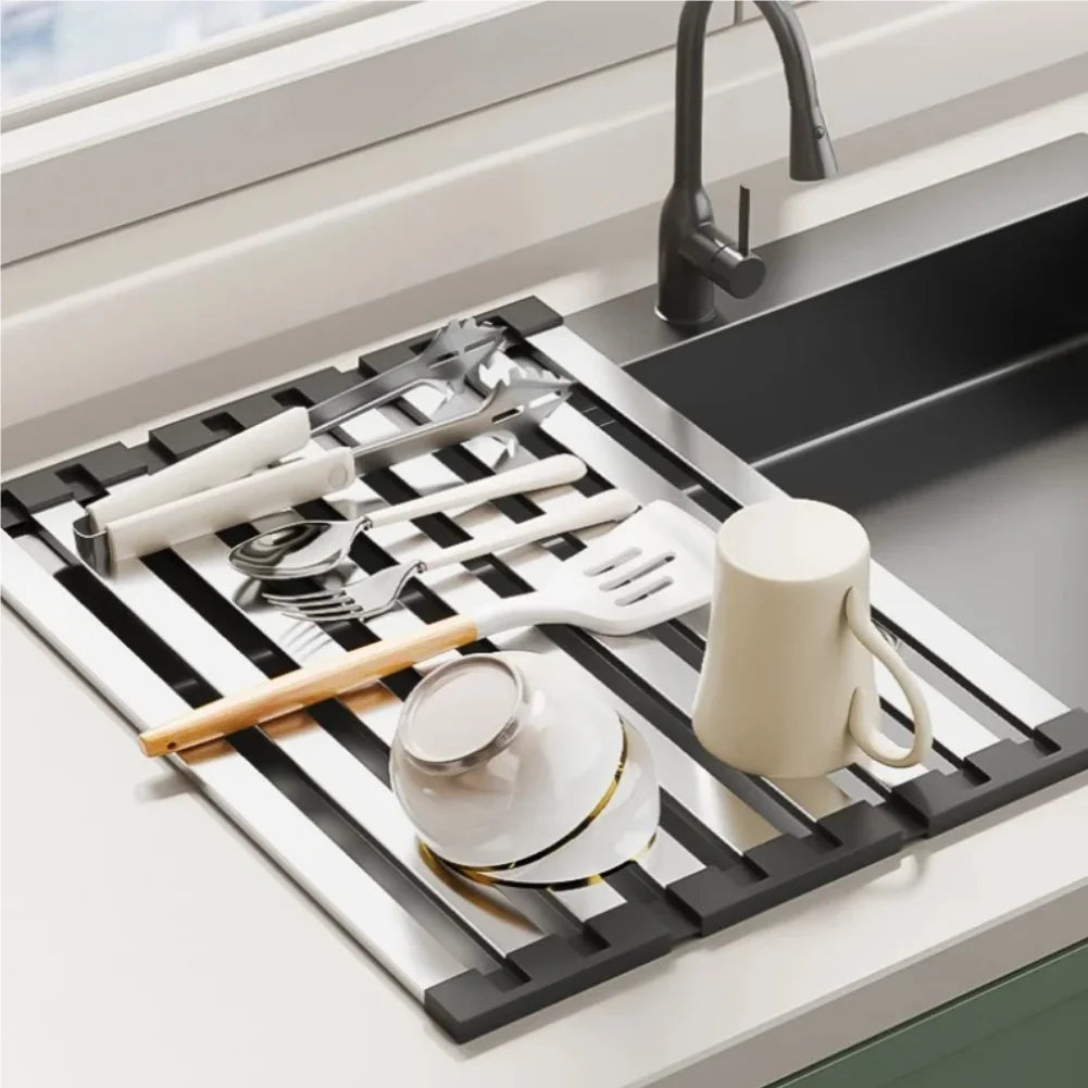 304 Stainless Steel Kitchen Sink Drain Rack Sink Bowl and Dish Storage Rack Foldable and Retractable Drain Basket Placema Zpaxo