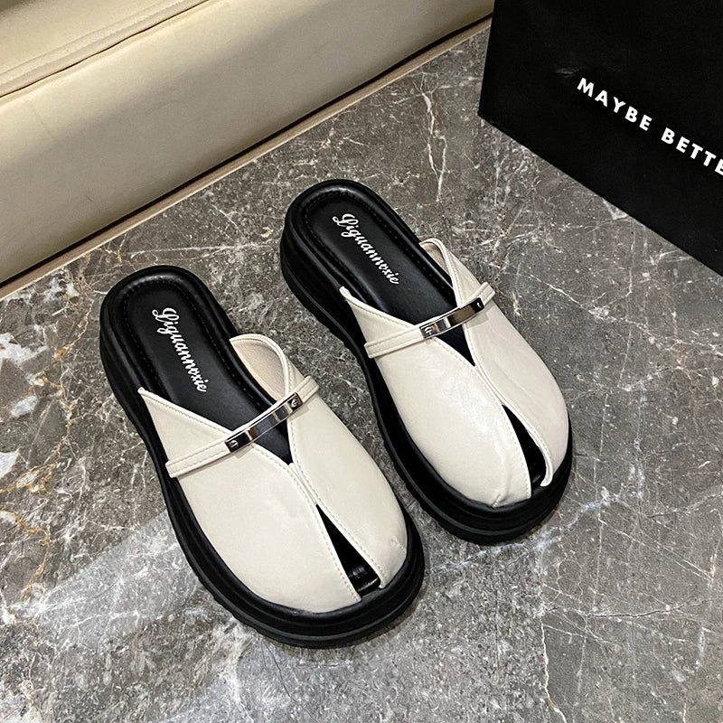 Shoes for Women 2025 High Quality Summer New Outdoor Low-heel Baotou Modern Slippers Square Heel PU Solid Women's Slippers Zpaxo