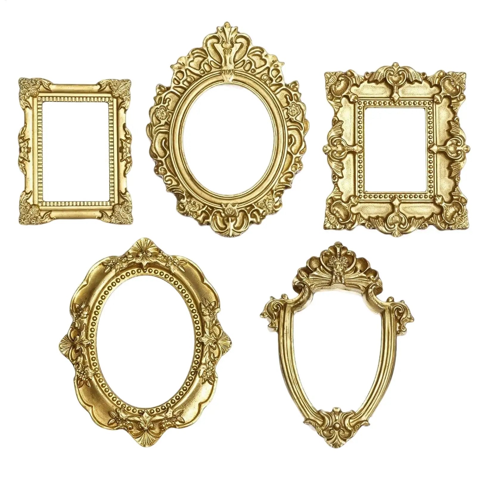 5Pcs Vintage Mini Picture Frames Elegant Golden Tone Baroque Resin Wall Mounted Display Cases Wedding Christmas Home Decor Zpaxo