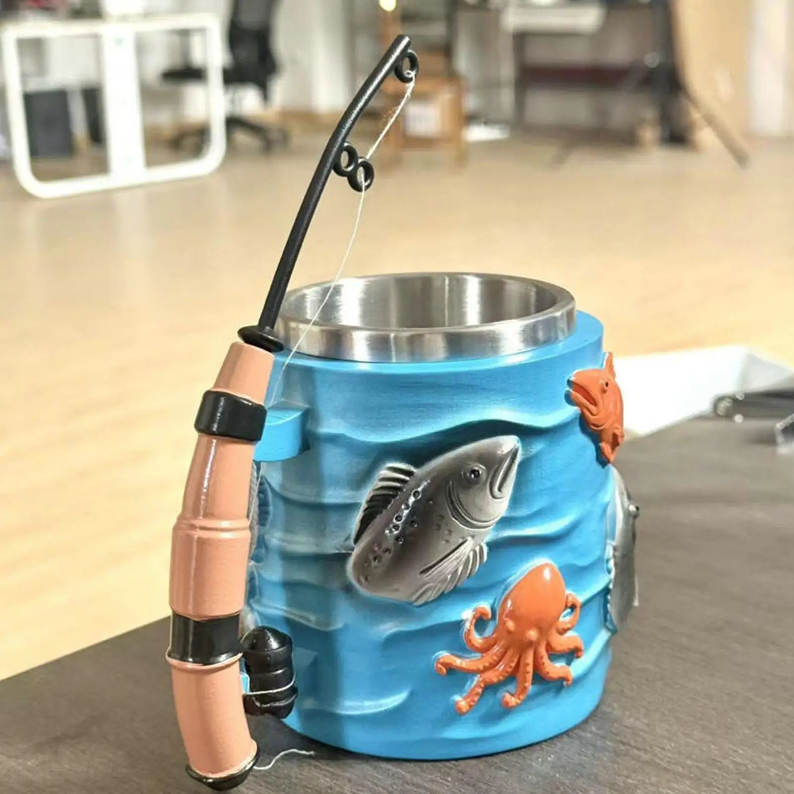 Fishing Coffee Mug Milk Drinkware 3D Embossed Tea Cup Rod Handle Men