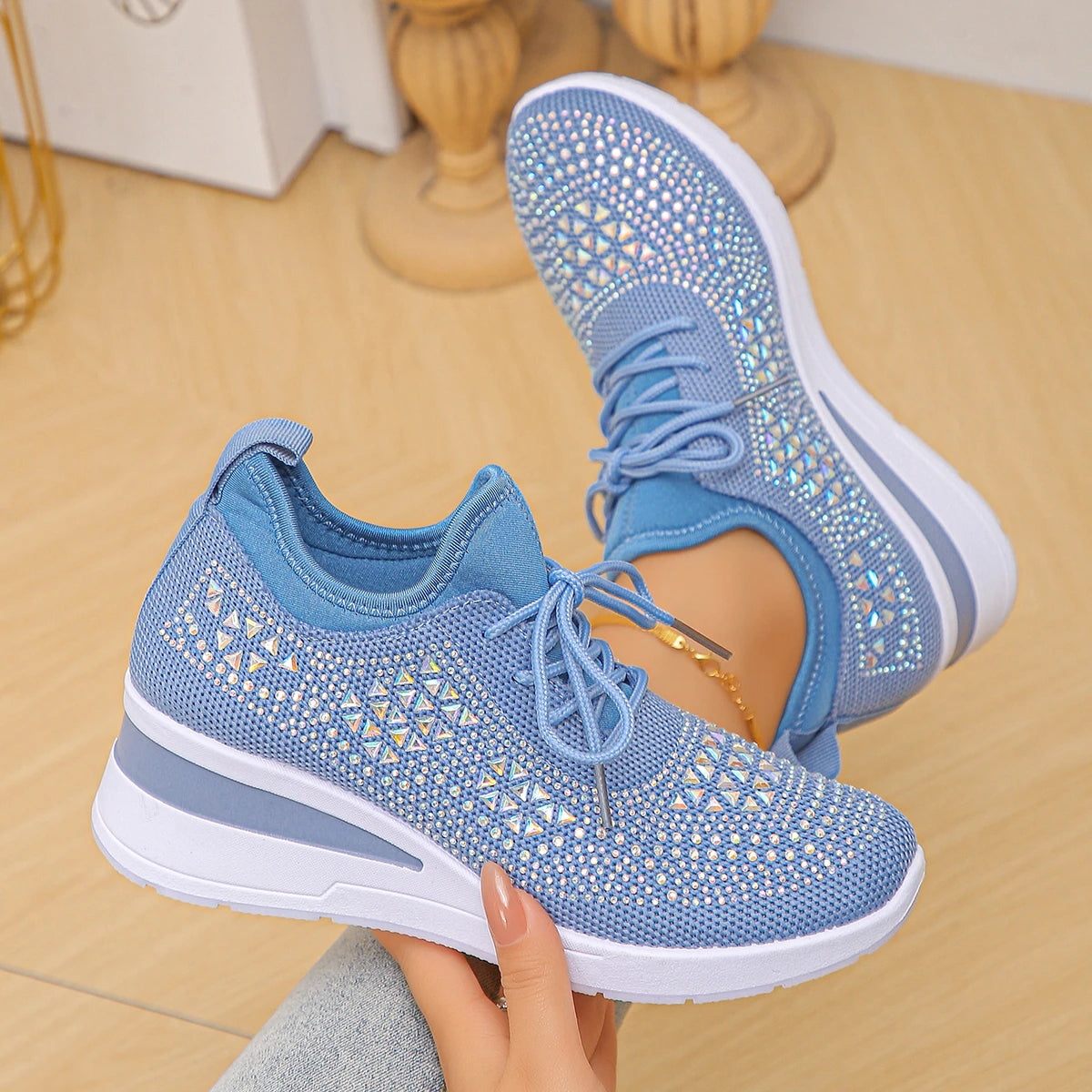 Women's Shiny Rhinestone Wedge Sneakers Breathable Knit Non Slip Zpaxo 41 image color 2