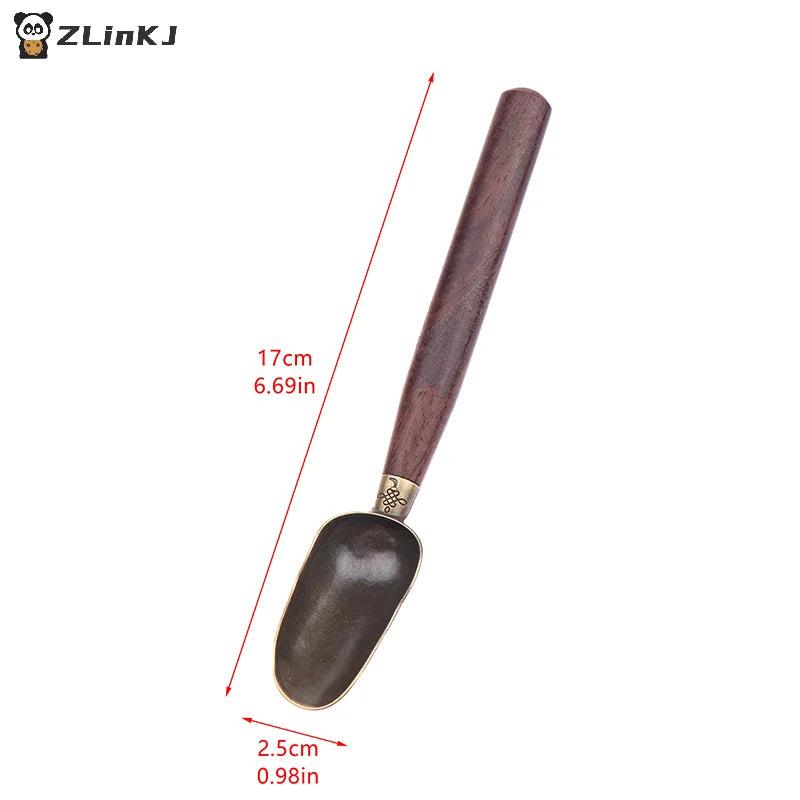 ▶1Pcs Wooden Handle Copper Tea Coffee Scoop Anti-Spill Tea Spoon Easy Clean Tableware Zpaxo