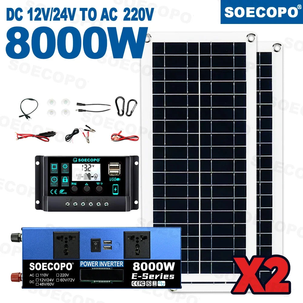 SOECOPO 8000W Solar Power Complete Kit 400W Solar Panels + 8000W DC12V - AC110V/220V Inverter +100A Controller Zpaxo 220V Solar Kit