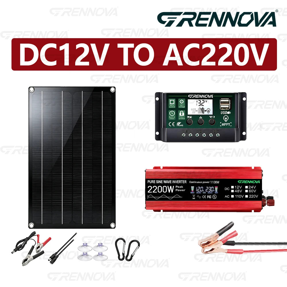 2200W Complete Kit 60W Solar Panel Pure Sine 12V To 110V/220V Inverter 60A MPPT Controller For Audio/Hi-Fi amplifiers/Medical Zpaxo 220V Kit