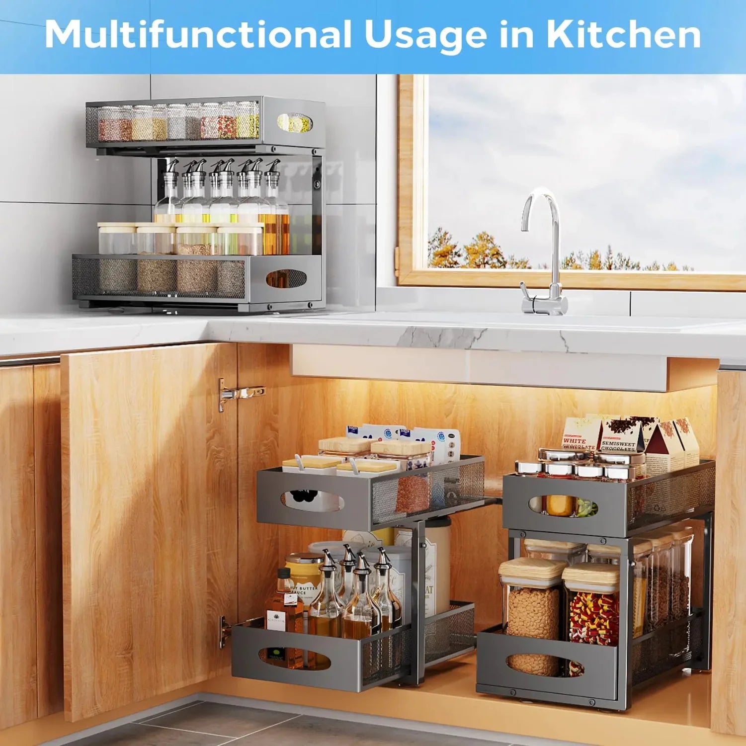 Under Sink Organizers and Storage, Adjustable 2 Tier Metal Pull out Cabinet Organizer for Bathroom, Kitchen, Pantry Zpaxo