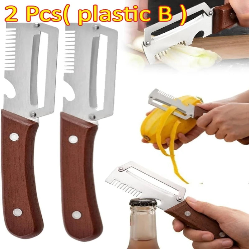 Knife Kitchen New Paring Knife Ergonomic Stainless Steel Vegetable Peeler with Wooden Handle 2-in-1 Fruit Potato Peeler Zpaxo plastic B-2PCS