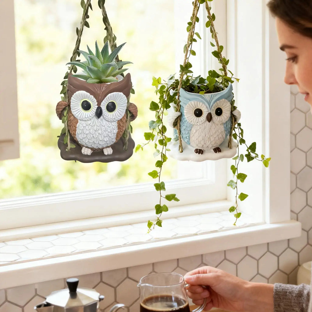 Cute Plant Pots Resin with Drainage Hole Owl Planter Small Plant Pots for Indoor Outdoor Garden Patio Porch Bedroom Living Room Zpaxo
