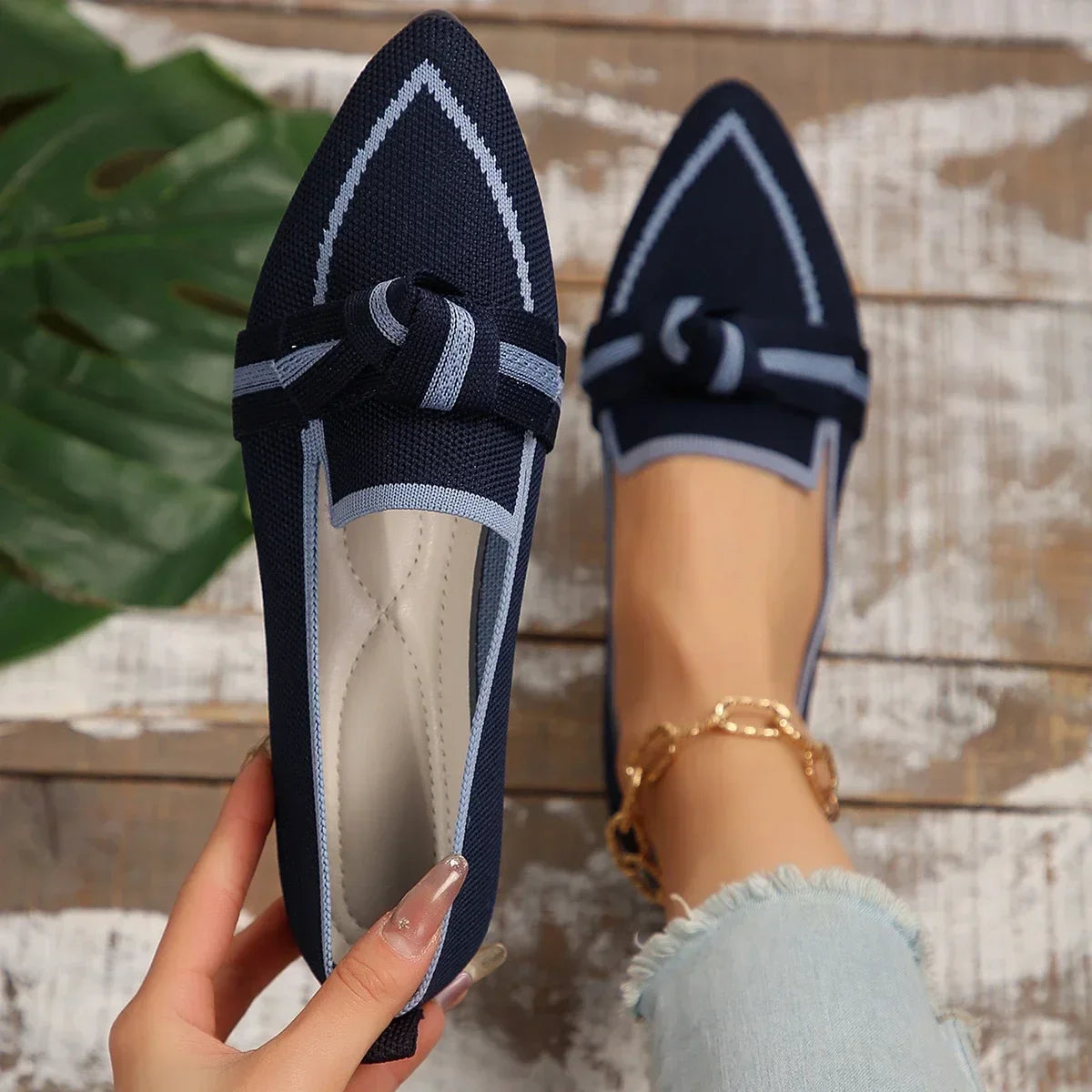 Women Flats 2024 Knitted Slip Breathable Comfortable Solid Shoes Zpaxo Dark blue 37