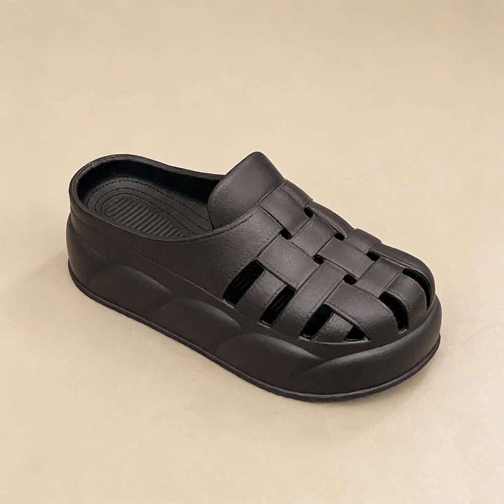 SHAJI Women Cloud Woven Sandals Closed Toe Hollow Thick Sole Slides