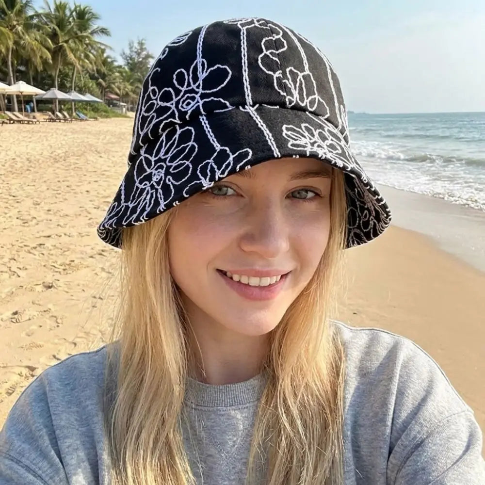 Fashion Retro Women's Bucket Hat Flower Embroidery Korean Style Sun Hat Casual Versatile Sweet Spicy British Hat For Lady Girl Zpaxo