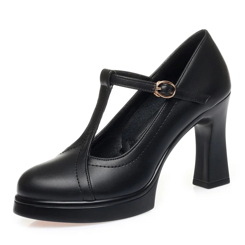 One-line Button Single Shoes Women Summer Thick Heel Model Catwalk Zpaxo