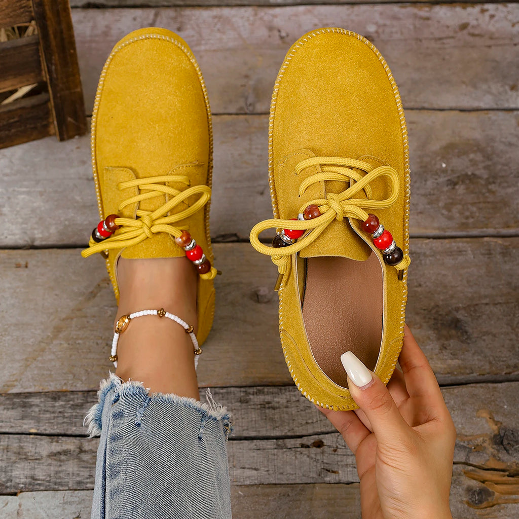 2025 Women Loafers Round Toe Lace-up String Bead Shoes Leisure Spring Autumn Sneakers Woman Retro Style Plus Size Shoes Women Zpaxo YELLOW 40