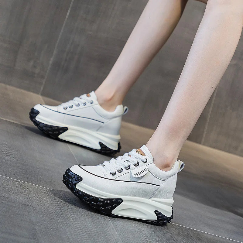 White Leather Platform Wedge Sneakers Women Black Rubber Sole Lace Up Zpaxo
