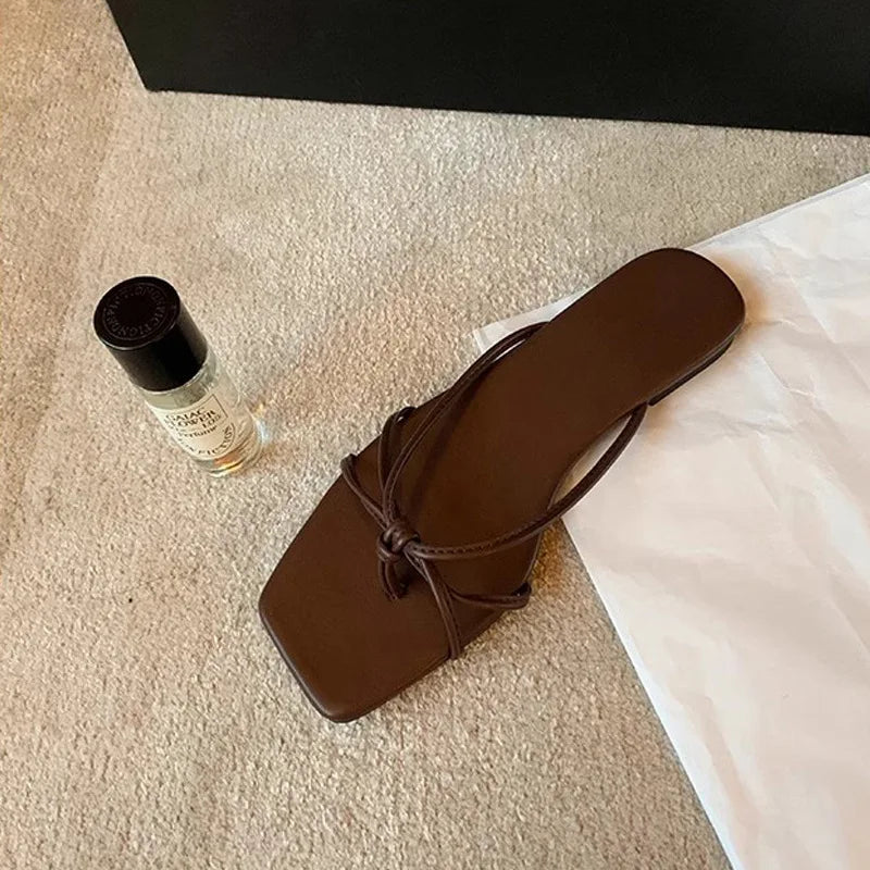 Slippers for Women's Summer New French Square Toe Slim Fit Lace Up Hollowed Out Clip on Thick Heel Outdoor Flat Sandals Women's Zpaxo brown 39