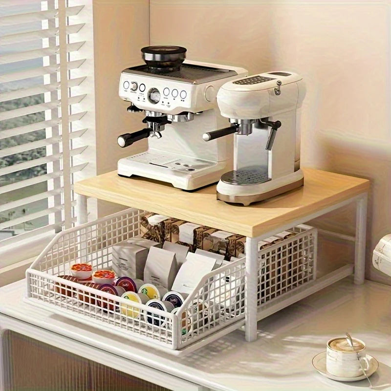Maximize space! Sturdy hardwood shelf with drawer & wire basket. Perfect for coffee maker. Neat & compact. Zpaxo