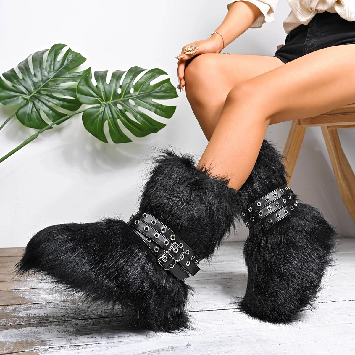 Women Snow Boots Long Fur Lightweight Designer Boots Woman Round Toe Thickened Fluff Warm Shoes Retro Comfortable Shoes Women Zpaxo black 39