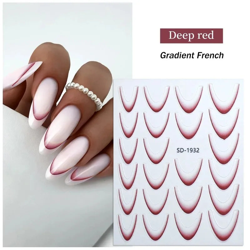 French Gradient Line Nail Art Stickers 3D Self-Adhesive White+Black Slider Design Nail Tip Stencil Manicure Guide DIY Nail Decor Zpaxo 10 Deep Red
