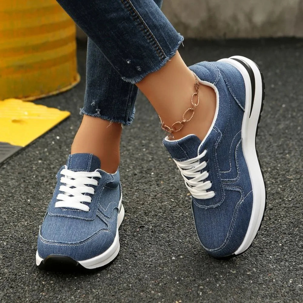 Blue Denim Platform Sneakers Women Fashion Thick Sole Lace Up Sports