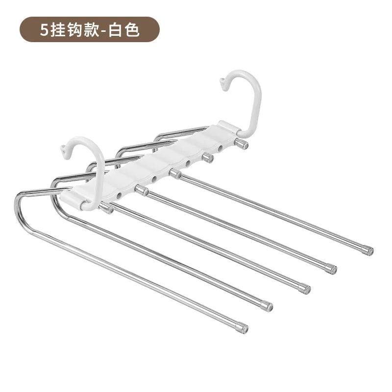Stainless Steel Folding Pants Hanger – Multi-Layer Magic Clips & Retractable Space-Saving Organizer Zpaxo 5 Hooks white