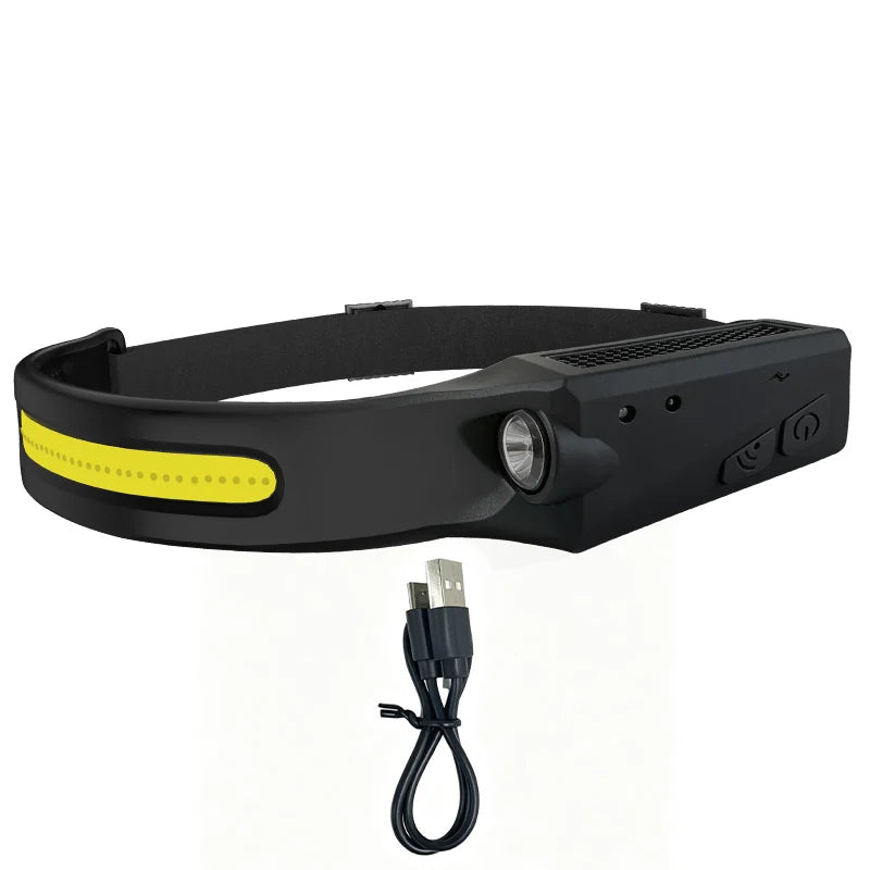 COB LED Headlamp Sensor Headlight Built-in Battery Flashlight USB