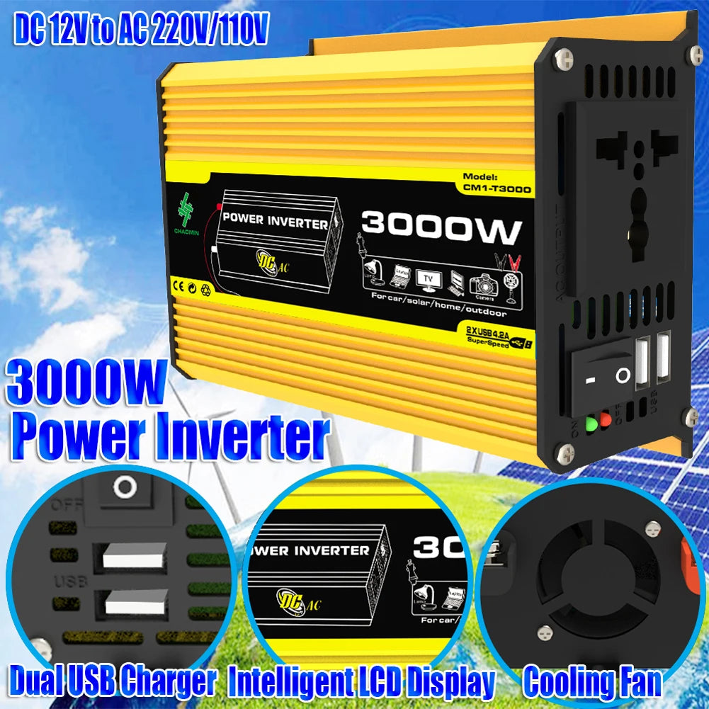DC 12V To AC 110/220V Intelligent Power Inverter Dual USB Car Voltage Transformer 3000W Digital Power Inverter Built-in Fuse Zpaxo