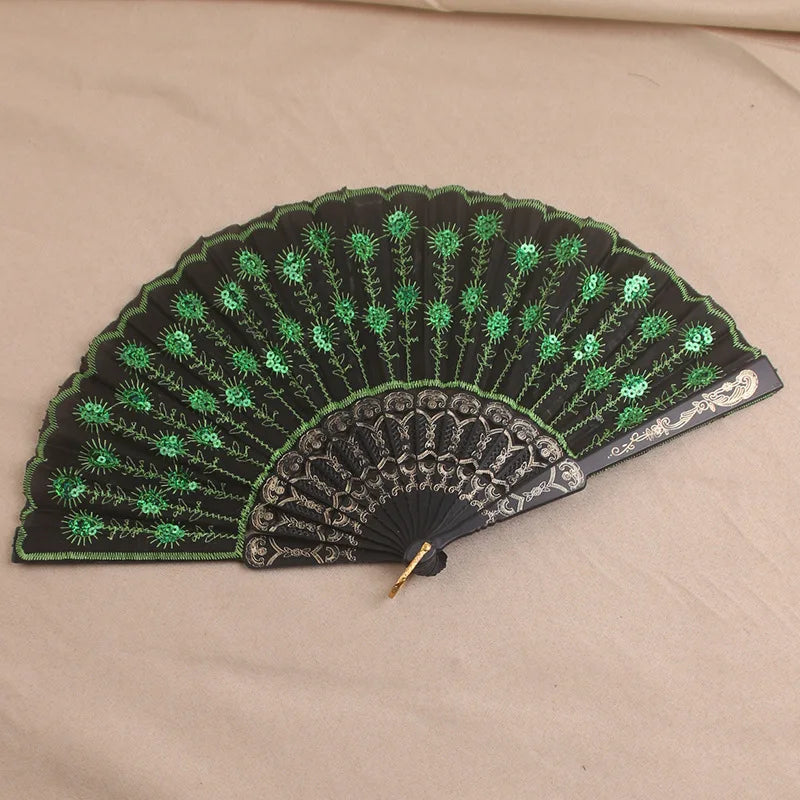 Silk Peacock Sequin Folding Fan – Dance, Wedding & Decor