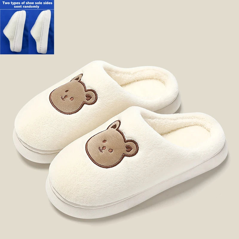 Cute Bear Cotton Slippers Woman Winter Indoor Non-slip Slides Plush