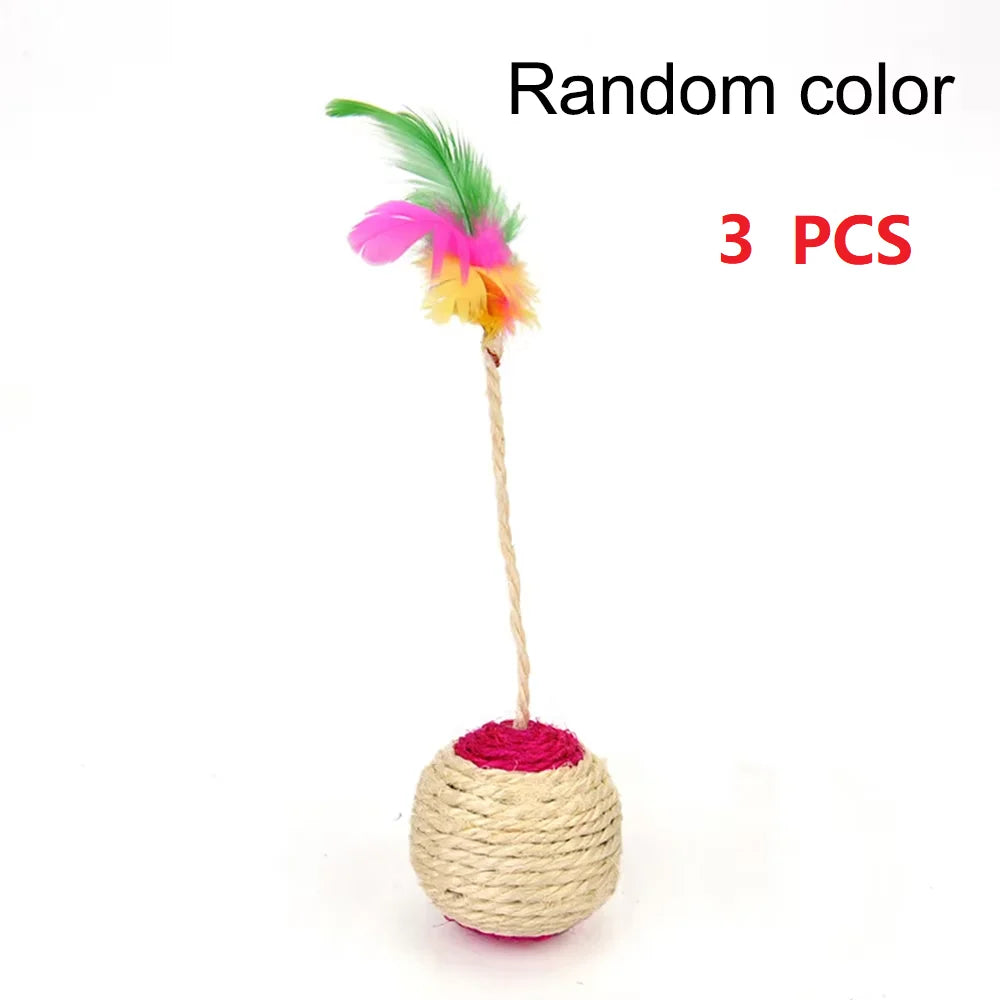 1PC Pet Cat Toy Colorful Feather Blanket Ball Grinding Claw Interactive Play Ball Cat Toy Sisal Shuttlecock Ball Zpaxo 3PCS Random