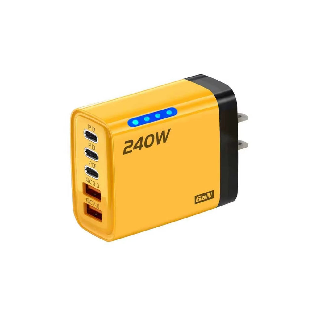 5 in 1 GaN Desktop Charger 240W Fast Charging Adapter For iPhone 17 16 15Pro Samsung 10A USB To Type C Cable 3PD 2USB Charger Zpaxo yellow US