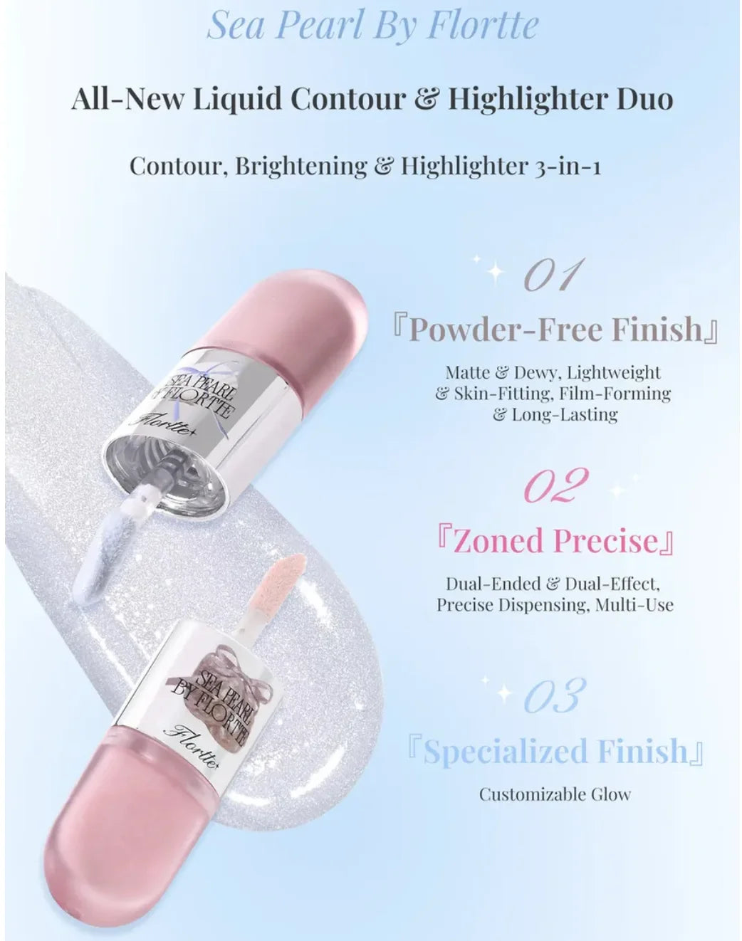 Flortte Liquid Contouring Sea pearl Double-end Highlighter Countour Light Shadow Shaping Concealer Shading Transferproof Makeup Zpaxo